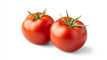 Wall Mural - Two ripe red tomatoes are shown on a white background