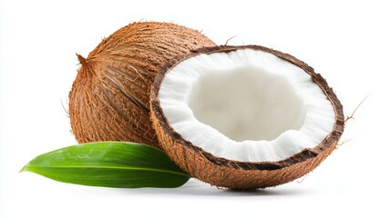 Poster - A half cut coconut with a green leaf next to it