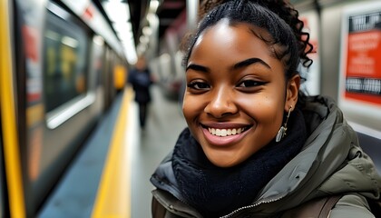 Wall Mural - Joyful Selfie Moment of Young Black Woman in New York Subway, Embracing Carefree Urban Lifestyle with a Smile During Daytime Commute