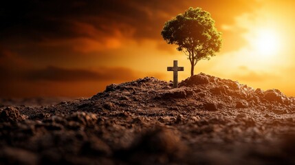 Lonely Tomb Cross and Tree on a Rocky Hilltop at Sunset