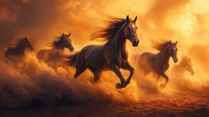 Majestic Horses Running at Dusk