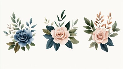 Wall Mural - Three different colored roses with green leaves