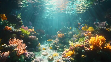 Wall Mural - Colorful fish darting around coral reef pictures in crystal-clear water