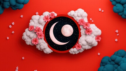 Wall Mural - Moon and Crescent in Red Sakura Garden with Clouds   Japanese Night Sky Art