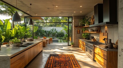 Wall Mural - The kitchen is decorated with plants and has a tropical theme.