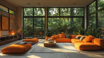 Wall Mural - The livingroom is decorated with plants and has a tropical theme.