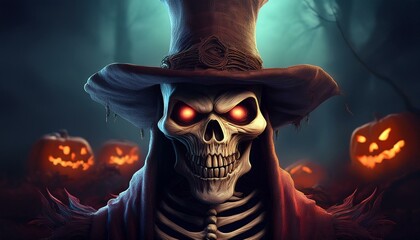 Scary Halloween Evil Skeleton Character with Red Glowing Eyes Wearing a Hat and Cape