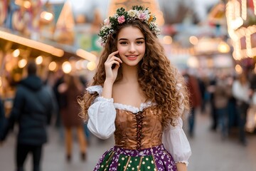 Wall Mural - Beautiful smiling woman wearing traditional dress and wheat at festival. Oktoberfest celebration. Cultural event concept. German culture and tradition. Travel and tourism. Banner with copy space