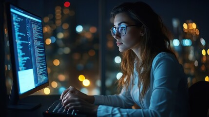 Woman Coding at Night