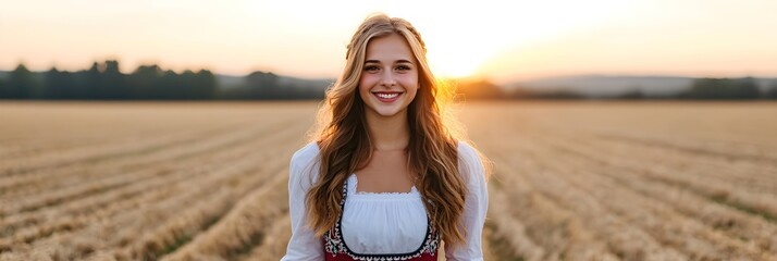 Wall Mural - Woman in traditional dress in wheat field at sunset. Autumn harvest, farming and agriculture concept. Oktoberfest festival celebration. German culture and traditions. Background with copy space