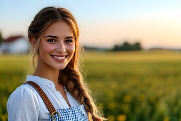 Wall Mural - Woman in traditional dress in wheat field at sunset. Autumn harvest, farming and agriculture concept. Oktoberfest festival celebration. German culture and traditions. Background with copy space