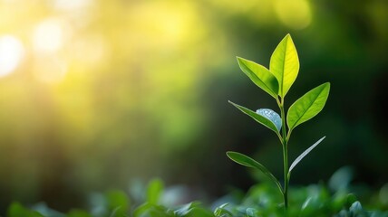 Wall Mural - Young green plant with dewdrop, illuminated by soft sunlight, symbolizes growth Blurred background