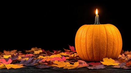 Autumn Pumpkin with Candlelight and Fall Leaves   Thanksgiving  Halloween Decoration