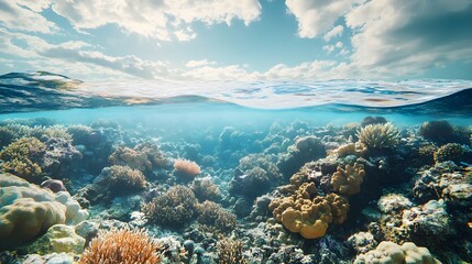 Wall Mural - Orange and purple coral blooms in a lush thriving coral reef