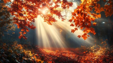 Sticker - Sunbeams Filtering Through Red Autumn Leaves in a Misty Forest