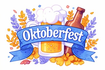 Logo for Oktoberfest party with typography lettering isolated on white background. Vintage cartoon illustration for design banner, poster, menu for traditional german beer festival