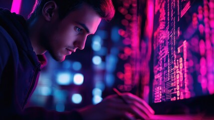 Young man coding on computer with neon lights in background