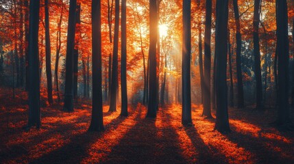 Poster - Sunbeams Illuminating a Path in an Autumn Forest