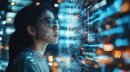 Asian female analyzing digital data on futuristic virtual screen