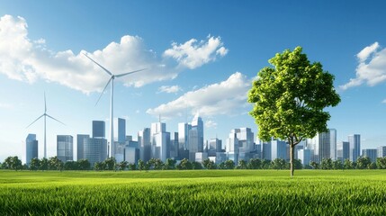 A vibrant city skyline with wind turbines and a lush green field, representing sustainability and eco-friendly urban living.