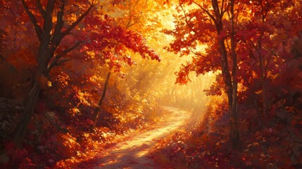 Wall Mural - A Winding Path Through a Sun-Drenched Autumn Forest