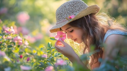 Poster - A Young Girl in a Straw Hat Smelling a Pink Flower