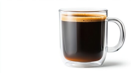 Close-up of a clear glass coffee mug filled with dark coffee.