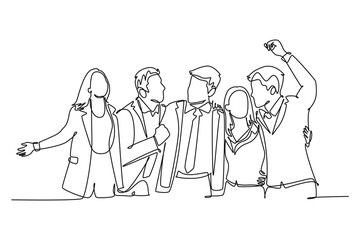 continuous one line drawing group of businessman and woman hugging together to celebrate their succe