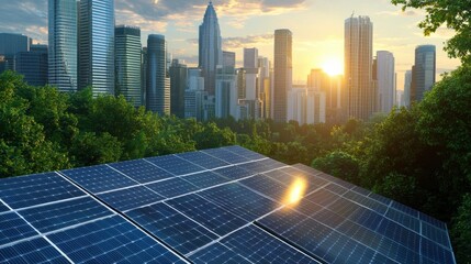 A striking sunset illuminates skyscrapers in a city, with solar panels in the foreground, emphasizing the blend of nature and sustainable technology.