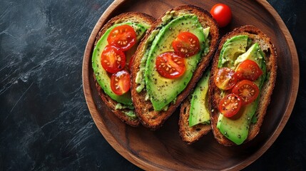 Wall Mural - Avocado Toast with Cherry Tomatoes on a Wooden Plate