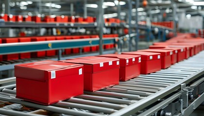 Industrial conveyor belt transporting red boxes for efficient packaging and logistics solutions in a factory environment