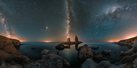 Wall Mural - The Milky Way shines brightly over a rocky coastline, creating a breathtaking celestial spectacle.