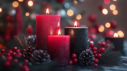 Red and black festive candles glowing in a holiday room, 3D illustration