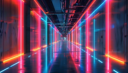 Wall Mural - Neon-Futuristic Industrial Hallway Reflecting Advanced Technology and Modern Infrastructure