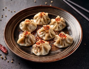 Wall Mural - Delicious dumplings with sesame seeds and chili flakes on a plate.