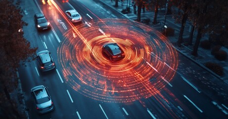 Wall Mural - A black car drives down a city street with a digital trail of light around it, showcasing the future of autonomous driving.