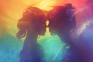 Wall Mural - Two women in silhouette embrace against a vibrant, colorful background, creating a dreamy and intimate atmosphere.