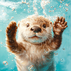 A cute baby otter is swimming in the ocean