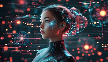 Wall Mural - Serene depiction of a woman surrounded by particles and data points, embodying the harmony of artificial intelligence and technology in a futuristic digital landscape