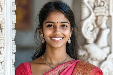 Indian woman wearing saree traditional cloth smile at Hindu temple