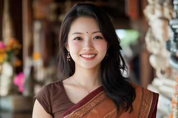 Korean woman wearing saree traditional cloth smile at Hindu temple