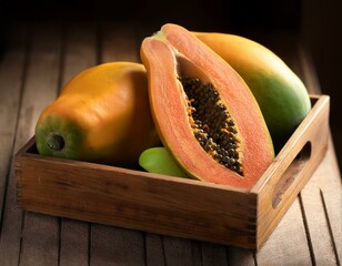 Fresh papaya in Wooden Box