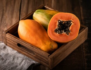 Fresh papaya in Wooden Box