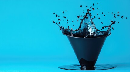 Wall Mural - Black liquid splashing out of dark cone against bright blue background