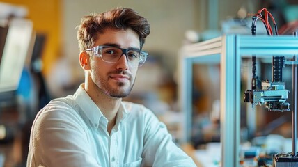 Young male engineer with glasses working on robotics project in modern lab setting