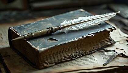 Vintage mystery of a feather quill and metal tube on an aged, worn book