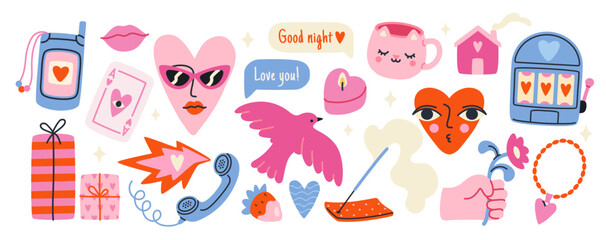 Wall Mural - Valentines Day retro sticker set. Groovy hand drawn love elements with heart characters, pink dove, gift and romantic message. Flat vector illustration collection isolated on white background