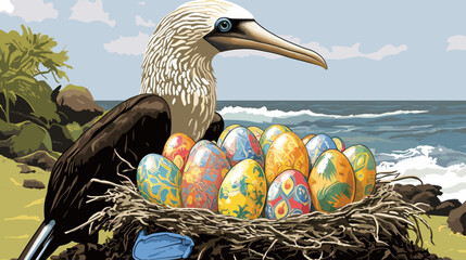 A detailed illustration of a seabird guarding a nest filled with brightly decorated Easter eggs by the ocean, set against a natural coastal landscape