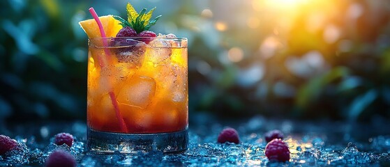 Colorful Fish Bowl Cocktail with Tropical Garnishes and Vibrant Decorations on a Bright Surface