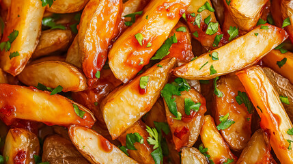 Wall Mural - a close-up, top-down view of fried potatoes topped with sweet chili sauce, filling the entire frame with the focus on the dish's intricate details